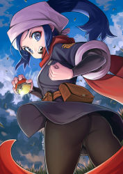 Rule 34 | 1girl, absurdres, akari (pokemon), ass, black pantyhose, blue eyes, blue hair, bodysuit, breasts, brown pantyhose, creatures (company), eudetenis, falling leaves, from behind, from below, game freak, highres, holding, holding poke ball, japanese clothes, kimono, leaf, long hair, looking at viewer, looking back, looking down, nintendo, open mouth, pants, pantyhose, poke ball, pokemon, pokemon legends: arceus, ponytail, red scarf, scarf, short kimono, smile, solo, teeth, thighs, upper teeth only