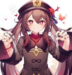 Rule 34 | 1girl, black hat, black nails, brown hair, brown shirt, collared shirt, flat chest, flower, flower-shaped pupils, genshin impact, ghost, ghost pose, grin, hands up, hat, hat flower, highres, hu tao (genshin impact), komeshiro kasu, long hair, long sleeves, looking at viewer, nail polish, plum blossoms, red eyes, shirt, smile, solo, symbol-shaped pupils, twintails, upper body, v-shaped eyebrows, very long hair, wide sleeves