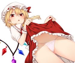 Rule 34 | 1girl, :o, blonde hair, blush, bow, clothes lift, commentary request, crystal, dress, dress lift, dutch angle, fang, flandre scarlet, frilled skirt, frills, from below, gluteal fold, hair between eyes, hat, hat ribbon, highres, lifted by self, looking at viewer, looking down, miyo (ranthath), mob cap, navel, one side up, open mouth, panties, puffy short sleeves, puffy sleeves, red bow, red eyes, red ribbon, ribbon, short hair, short sleeves, simple background, skirt, solo, standing, string panties, thighs, touhou, underwear, white background, white hat, wings