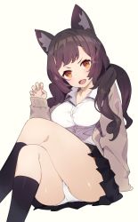Rule 34 | 1girl, animal ears, arm support, black hair, black socks, blouse, breasts, cardigan, claw pose, collared shirt, crossed legs, fang, hair over shoulder, hajime (hajime-ill-1st), highres, kneehighs, large breasts, long hair, low twintails, open mouth, orange eyes, original, panties, pleated skirt, school uniform, shirt, simple background, sitting, skirt, sleeves past wrists, socks, solo, twintails, underwear, white background, white panties, white shirt, yellow background