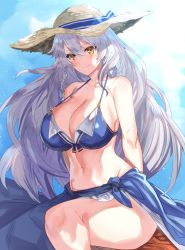 Rule 34 | 1girl, bikini, bikini top only, blue sky, braid, breasts, cleavage, cloud, collarbone, eno yukimi, granblue fantasy, hat, highres, large breasts, long hair, looking at viewer, midriff, navel, sarong, silva (granblue fantasy), silver hair, sky, smile, solo, straw hat, swimsuit, thick thighs, thighs, twin braids, yellow eyes