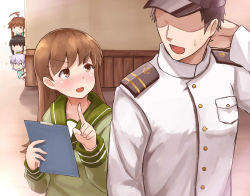Rule 34 | &gt;:d, 10s, 1boy, 4girls, :d, absurdres, admiral (kancolle), ahoge, arm up, black hair, blunt bangs, blush, brown eyes, brown hair, buttons, clipboard, commentary request, eyebrows, green shirt, hidden eyes, highres, holding, index finger raised, indoors, jitome, kantai collection, kitakami (kancolle), kuma (kancolle), long hair, long sleeves, military, military uniform, multiple girls, naval uniform, nose blush, okitsugu, ooi (kancolle), open mouth, peeking, pink hair, pocket, school uniform, scratching head, serafuku, shirt, smile, sparkle, sweat, tama (kancolle), uniform, upper body, v-shaped eyebrows, wall