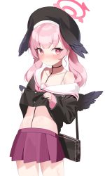 Rule 34 | 1girl, absurdres, bag, beret, black hat, black shirt, black wings, blue archive, blush, closed mouth, clothes lift, commentary, feathered wings, halo, hat, head wings, highres, koharu (blue archive), leavv, lifting own clothes, long hair, long sleeves, looking at viewer, neckerchief, off shoulder, pink hair, pink neckerchief, pleated skirt, puffy long sleeves, puffy sleeves, purple skirt, red eyes, sailor collar, school uniform, serafuku, shirt, shirt lift, simple background, skirt, sleeves past wrists, solo, twintails, white background, white sailor collar, wings