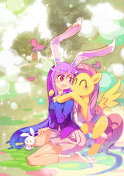 Rule 34 | 1girl, angel (my little pony), animal ears, blush, bug, butterfly, closed eyes, cloud, crossover, curly hair, fluttershy, heart, highres, insect, long hair, my little pony, my little pony: friendship is magic, open mouth, pegasus, pink hair, purple hair, rabbit ears, red eyes, reisen udongein inaba, sidelocks, sitting, skirt, smile, socks, touhou, wariza, wings, xin yu hua yin