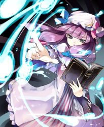 Rule 34 | 1girl, :&lt;, book, female focus, foreshortening, frown, hat, magic, miya9, patchouli knowledge, pointing, purple eyes, purple hair, serious, solo, touhou