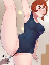 Rule 34 | 1girl, absurdres, anger vein, arezu (pokemon), arm up, armpits, ass, blush, breasts, brown eyes, brown hair, cleavage, covered navel, creatures (company), flying sweatdrops, game freak, gatchan, highres, nintendo, one-piece swimsuit, partially visible vulva, pokemon, pokemon legends: arceus, short hair, standing, standing on one leg, swimsuit, wedgie