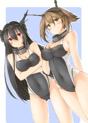 Rule 34 | 10s, 2girls, arm behind back, bare shoulders, black hair, blush, breast hold, breasts, brown hair, competition swimsuit, covered navel, cowboy shot, green eyes, hair between eyes, headgear, highleg, kaminagi (kaminagi-tei), kantai collection, long hair, looking at viewer, multiple girls, mutsu (kancolle), nagato (kancolle), one-piece swimsuit, red eyes, simple background, smile, swimsuit, very long hair