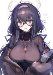 Rule 34 | 1girl, absurdres, aged up, alternate breast size, black hair, blue archive, blush, book, bra visible through clothes, breasts, cardigan, glasses, hair between eyes, hairband, halo, highres, inusaka, jacket, jacket on shoulders, jewelry, large breasts, looking at viewer, low twintails, necklace, solo, sweater, turtleneck, turtleneck sweater, twintails, ui (blue archive)
