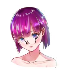 Rule 34 | 1girl, bare shoulders, blue eyes, chrono trigger, collarbone, glasses, highres, looking at viewer, lucca ashtear, open mouth, purple hair, short hair, simple background, solo, white background
