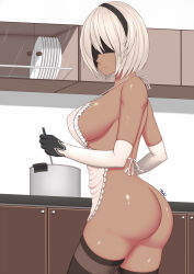 Rule 34 | 1girl, apron, artist name, ass, black blindfold, black hairband, blindfold, breasts, cooking, dark-skinned female, dark skin, garter belt, garter straps, hairband, highres, large breasts, mole, mole under mouth, naked apron, nier (series), nier:automata, no bra, no panties, panties, plate, pot, ryu seung, shiny skin, short hair, sideboob, solo, underwear, vambraces, white hair, 2b (nier:automata), 2p (nier:automata)