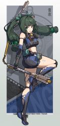 1girl absurdres android ass black_gloves blunt_bangs bolinger fingerless_gloves gloves green_eyes green_hair highres holding holding_weapon long_hair looking_at_viewer open_mouth qingyi_(zenless_zone_zero) short_shorts shorts sidelocks solo standing thighs twintails weapon zenless_zone_zero