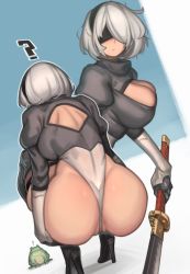 Rule 34 | 1girl, 2b (nier:automata), ?, absurdres, ass, back cutout, black blindfold, black dress, black hairband, blindfold, blue background, boots, breasts, cleavage, cleavage cutout, clothing cutout, covered eyes, curvy, dress, frog, gloves, hairband, high heel boots, high heels, highleg, highleg leotard, highres, holding, holding sword, holding weapon, huge ass, juliet sleeves, katana, kelvin hiu, leotard, long sleeves, messy hair, mole, mole under mouth, multiple views, nier:automata, nier (series), partially visible vulva, puffy sleeves, pussy, shiny skin, silver hair, squatting, sword, thigh boots, thighhighs, thong leotard, two-tone background, vambraces, weapon, wedgie, white background, white leotard, wide hips