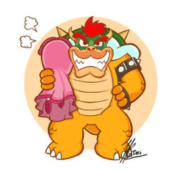 Rule 34 | 1boy, 1girl, ass, bowser, carrying over shoulder, dress, evil grin, evil smile, grin, hand on own hip, high heels, looking at viewer, mario (series), nintendo, over-the-shoulder, pink dress, princess peach, red eyes, red hair, smile, spikes, super mario bros. 1, tail