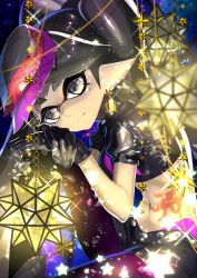 Rule 34 | 1girl, alternate eye color, black choker, black eyes, black footwear, black gloves, black shirt, black shorts, blurry, blurry foreground, boots, callie (splatoon), choker, closed mouth, commentary, crop top, depth of field, earrings, food, food art, food on head, gloves, highres, hugging own legs, inkling, jewelry, knee up, lamp, leaning forward, light particles, long hair, looking at viewer, midriff, mole, mole under eye, navel, nintendo, nomu (29 nom), object on head, pantyhose, pantyhose under shorts, pointy ears, purple pantyhose, shirt, short shorts, short sleeves, shorts, sitting, smile, solo, sparkle, spiked belt, spiked choker, spikes, splatoon (series), splatoon 2, star ornament, stomach tattoo, sushi, swept bangs, tako-san wiener, tattoo, tentacle hair, very long hair