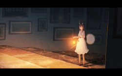 Rule 34 | 1girl, absurdres, animal ear fluff, animal ears, bare arms, bare shoulders, black footwear, black hair, breasts, dandelion, dark, drawing (object), dress, flower, glowing, highres, holding, holding lantern, indoors, lantern, letterboxed, long hair, looking at viewer, original, oversized flower, picture frame, rabbit ears, sash, scenery, shadow, shoes, sleeveless, sleeveless dress, solo, stairs, standing, staring, sundress, very long hair, wall, white dress, yao ren gui