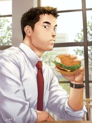 Rule 34 | 1boy, bara, burger, commentary, eating, facial hair, food, gentle2nd, looking at viewer, male focus, mature male, muscular, muscular male, necktie, original, shirt, solo, stubble, watch, window, wristwatch