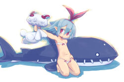 Rule 34 | 1girl, blue hair, disgaea, full body, hair ribbon, hairband, looking at viewer, navel, open mouth, pleinair, pointy ears, rabbit, red eyes, ribbon, short hair, simple background, solo, stuffed animal, stuffed rabbit, stuffed shark, stuffed toy, swimsuit, tonnyoriclayer, white background