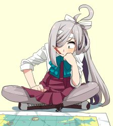 Rule 34 | 1girl, ahoge, asashimo (kancolle), bow, bowtie, closed mouth, crossed legs, dress shirt, front-seamed legwear, full body, green eyes, grey hair, hair over one eye, hand on lap, hand on own chin, headband, kantai collection, kozou (rifa), long hair, long sleeves, map, pantyhose, pencil, ponytail, purple pantyhose, purple skirt, school uniform, seamed legwear, shirt, simple background, sitting, skirt, solo, white shirt, yellow background