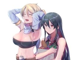 Rule 34 | 2girls, :d, akame (akame ga kill!), akame ga kill!, armpits, arms up, bag, bandeau, black hair, black shirt, blonde hair, bread, breasts, cleavage, closed eyes, closed mouth, detached sleeves, food, hair between eyes, highres, holding, holding bag, large breasts, leone (akame ga kill!), long sleeves, midriff, multicolored hair, multiple girls, najendasan, necktie, open mouth, paper bag, red eyes, red hair, red neckwear, shirt, short hair, simple background, sleeveless, sleeveless shirt, smile, stomach, strapless, swept bangs, tube top, two-tone hair, upper body, white background, white sleeves