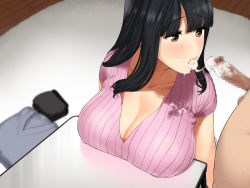 Rule 34 | 1girl, after fellatio, black hair, blurry, blurry background, blush, bottomless, breast rest, breasts, brown eyes, censored, cheating (relationship), collarbone, covered erect nipples, cum, cum in mouth, cum on body, cum on tongue, cum on upper body, cum string, facial, floor, from above, highres, hishigata, hitozuma no yuruama bakunyuu onee-chan ni tanetsuke uwaki ecchi!, huge breasts, indoors, legs, long hair, looking at another, mosaic censoring, open mouth, original, penis, pink shirt, shirt, sitting, standing, sweat, table, thighs
