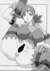 Rule 34 | 00s, 1girl, armlet, ass, breasts, censored, female focus, gloves, hair ornament, koutaru, large breasts, long hair, looking at viewer, monochrome, naomi fluegel, scan, solo, spiked hair, spread legs, zoids, zoids shinseiki/zero