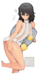 Rule 34 | 1girl, andou (girls und panzer), ass, black hair, blush, breasts, closed mouth, dark-skinned female, dark skin, dress, girls und panzer, grey eyes, lying, meme attire, no bra, no panties, on side, pillow, shiny skin, short hair, simple background, small breasts, solo, stuffed toy, sweater, sweater dress, tan (inka), virgin killer sweater, white background