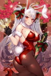 Rule 34 | 1girl, animal ears, ass, azur lane, breasts, brown gloves, champagne bottle, champagne flute, christmas, cleavage, cup, drinking glass, fake animal ears, fake tail, flower, gloves, hair ribbon, high heels, highleg, highleg leotard, highres, leotard, long hair, looking at viewer, maitei roppa, mole, mole on breast, pantyhose, playboy bunny, prinz eugen (azur lane), purple flower, rabbit ears, rabbit tail, red eyes, red footwear, red hair, red leotard, ribbon, smile, solo, tail, very long hair, white hair