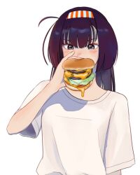Rule 34 | 1girl, akizuki (kancolle), alternate costume, black hair, blue eyes, blush, burger, cheese trail, eating, food, hair between eyes, hairband, holding, holding food, kantai collection, long hair, mutagimi, shirt, short sleeves, simple background, solo, striped clothes, striped hairband, upper body, white background, white shirt