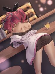 Rule 34 | 1girl, ass, azur lane, bar (place), bare shoulders, black bow, bow, bremerton (azur lane), bremerton (day-off date) (azur lane), brown dress, dress, drink, from behind, hair bow, hair ornament, highres, jacket, long hair, long sleeves, off shoulder, official alternate costume, pink hair, solo, syu.mu, thighs, twintails, white jacket