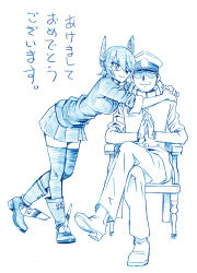 Rule 34 | 10s, 1boy, 1girl, admiral (kancolle), bbb (friskuser), blue theme, boots, chair, crossed legs, eyepatch, gloves, hat, headgear, hetero, hug, jacket, kantai collection, looking at viewer, military, military uniform, monochrome, naval uniform, own hands together, robot ears, short hair, simple background, sitting, skirt, smile, standing, tenryuu (kancolle), uniform, white background