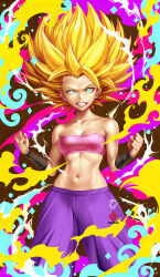 Rule 34 | 1girl, aqua eyes, bare shoulders, blonde hair, breasts, caulifla, clenched hands, clenched teeth, collarbone, commentary, dragon ball, dragon ball super, english commentary, fingernails, highres, kanchiyo, looking at viewer, midriff, navel, pink tube top, serious, small breasts, solo, spiked hair, standing, stomach, strapless, super saiyan, teeth, tube top