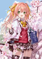 Rule 34 | 1girl, bag, black thighhighs, blazer, blue bag, blush, bow, bowtie, branch, brown hair, buttons, character request, cherry blossoms, cloud, collared shirt, commentary, copyright request, cowboy shot, day, fang, green eyes, hair between eyes, hair ribbon, hand up, highres, jacket, layered clothes, long sleeves, looking at viewer, open clothes, open hand, open jacket, open mouth, outdoors, parted bangs, plaid, plaid skirt, pleated skirt, red sweater, ribbon, school bag, shino (eefy), shirt, shoulder bag, sidelocks, skirt, sleeve cuffs, smile, solo, spring (season), standing, sweater, symbol-only commentary, thighhighs, thighs, tree, twintails, v-neck, waving, white jacket, white shirt, wind, yellow bow, yellow bowtie, yellow ribbon, zettai ryouiki