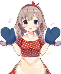 Rule 34 | 1girl, alternate hairstyle, apron, blush, bow, braid, breasts, caracorn, collarbone, dot nose, dress, frilled apron, frills, grey hair, hair bow, hair ribbon, hairband, hands up, idolmaster, idolmaster shiny colors, long hair, looking at viewer, medium breasts, musical note, open mouth, oven mitts, polka dot, polka dot dress, purple eyes, red dress, red hairband, red ribbon, ribbon, simple background, smile, solo, twin braids, waist apron, white background, yellow apron, yukoku kiriko
