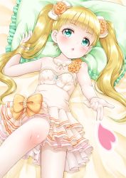 Rule 34 | 1girl, bare arms, bare shoulders, bed sheet, blonde hair, blush, bow, chestnut mouth, collarbone, commentary request, dress, earrings, fingernails, flower, frilled pillow, frills, green eyes, hair bow, hair flower, hair ornament, heart, highres, idolmaster, idolmaster cinderella girls, jewelry, long hair, lying, mary cochran, on back, orange bow, orange flower, pantyhose, parted lips, pillow, pleated dress, regular mow, solo, strapless, strapless dress, twintails, very long hair, white bow, white dress, white pantyhose