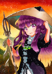 Rule 34 | 1girl, :d, ajirogasa, bad id, bad pixiv id, beads, blonde hair, breasts, brown hat, dress, gradient hair, hair between eyes, hand on headwear, hat, hijiri byakuren, holding, holding staff, layered dress, looking at viewer, medium breasts, multicolored hair, open mouth, outdoors, prayer beads, puffy short sleeves, puffy sleeves, purple eyes, purple hair, qqqrinkappp, short sleeves, smile, solo, staff, touhou, traditional media, turtleneck, two-tone hair, white dress