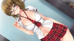 Rule 34 | 1girl, breasts, brown eyes, brown hair, checkered clothes, checkered skirt, glasses, navel, necktie, negligee (game), school uniform, short hair, skirt, smile, sophie (negligee), standing, tagme, unbuttoned, unbuttoned shirt