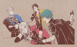 Rule 34 | 1girl, 3boys, annoyed, arm rest, black gloves, blue cape, blue eyes, braid, byleth (fire emblem), byleth (male) (fire emblem), cape, claude von riegan, crossed arms, dimitri alexandre blaiddyd, edelgard von hresvelg, fire emblem, fire emblem: three houses, gloves, green cape, green eyes, highres, long hair, looking at another, meibatsu, multiple boys, nintendo, on table, pink cape, pink eyes, pointing, pout, purple eyes, signature, simple background, single braid, spot color, table, tan background, uniform, white gloves, yellow cape
