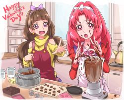 Rule 34 | 2girls, :o, akagi towa, amanogawa kirara, apron, blender (object), bow, brown hair, chocokin, chocolate, chocolate making, chocolate on face, earrings, food, food on face, go! princess precure, hair bow, hairband, happy valentine, jewelry, kettle, kitchen, long hair, mixing bowl, multiple girls, precure, purple bow, purple eyes, red eyes, red hair, red shirt, shirt, star (symbol), star earrings, surprised, twintails, valentine, whisk, yellow shirt
