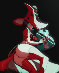 Rule 34 | 1girl, absurdres, ass, black hair, boots, breasts, electric guitar, fingerless gloves, gloves, green-tinted eyewear, green-tinted glasses, green eyes, guilty gear, guilty gear strive, guitar, hat, highres, i-no, instrument, jacket, looking at viewer, red hat, red jacket, red thighhighs, short hair, sunglasses, thigh boots, thighhighs, tinted eyewear, witch hat