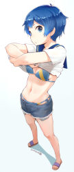 Rule 34 | 1girl, 2015, :o, bare legs, bikini, bikini under clothes, blue eyes, blue hair, breasts, cleavage, clothes lift, cutoffs, dated, denim, denim shorts, flip-flops, from above, full body, highres, kamishiro sui, looking at viewer, matching hair/eyes, medium breasts, multicolored bikini, multicolored clothes, nagian, navel, sailor collar, sandals, shirt lift, short hair, short shorts, shorts, side-tie bikini bottom, solo, swimsuit, swimsuit under clothes, tokyo 7th sisters, underboob, undressing, white background