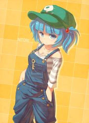 Rule 34 | 1girl, alternate costume, blue eyes, blue hair, blueberry (5959), blunt bangs, breasts, casual, cleavage, collarbone, contemporary, expressionless, female focus, hair bobbles, hair ornament, hands in pockets, hat, highres, jewelry, kawashiro nitori, key, matching hair/eyes, overalls, pendant, solo, suspenders, touhou, twintails, two side up
