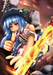 Rule 34 | 1girl, bad perspective, bare shoulders, blue hair, blurry, boroe, bow, bowler hat, bowtie, center frills, clenched hand, clenched teeth, crying, crying with eyes open, depth of field, foreshortening, frilled shirt, frills, glowing, hat, highres, hinanawi tenshi, parted lips, rainbow order, red bow, red bowtie, shirt, solo, sword of hisou, tears, teeth, torn clothes, torn hat, torn shirt, touhou, zenasu