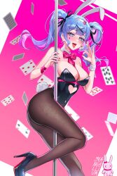 Rule 34 | 1girl, absurdres, ace (playing card), ace of hearts, adapted costume, animal ears, artist name, bare arms, bare shoulders, black footwear, black leotard, black pantyhose, black ribbon, blue eyes, blue hair, blunt bangs, blurry, blurry background, blush, bow, bowtie, breasts, card, cleavage, clothing cutout, commentary, cutout above navel, detached collar, evangellium, fake animal ears, fake tail, fellatio gesture, fingernails, five of diamonds, hair ornament, hair ribbon, hairband, hatsune miku, heart, heart-shaped pupils, heart cutout, high heels, highres, large breasts, leotard, long fingernails, long hair, looking at viewer, multicolored hair, nail polish, necktie, nine of diamonds, open mouth, pantyhose, patent heels, pink bow, pink bowtie, pink hair, pink nails, pink necktie, pink pupils, pink ribbon, playboy bunny, playing card, pole, pole dancing, pumps, rabbit ears, rabbit hair ornament, rabbit hole (vocaloid), rabbit tail, red soles, ribbon, seven of diamonds, shoes, solo, stiletto heels, streaked hair, stripper pole, stuffed toy, symbol-shaped pupils, tail, teardrop facial mark, teeth, ten of hearts, ten of spades, tongue, tongue out, twintails, two-tone hair, two of clubs, two of hearts, upper teeth only, vocaloid, white hairband, x hair ornament