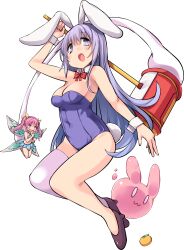 Rule 34 | 2girls, animal ears, asymmetrical legwear, bare arms, bare legs, bare shoulders, bow, bowtie, breasts, cleavage, covered navel, detached collar, erina (rabi-ribi), fairy, fairy wings, full body, hammer, high heels, highres, holding, holding hammer, kkpnex, leotard, long hair, medium breasts, midriff, mini person, minigirl, multiple girls, navel, toy hammer, pink eyes, pink hair, playboy bunny, purple eyes, purple footwear, purple hair, purple leotard, rabbit ears, rabi-ribi, red bow, red bowtie, ribbon (rabi-ribi), single thighhigh, strapless, strapless leotard, thighhighs, twintails, very long hair, white thighhighs, white wrist cuffs, wings, wrist cuffs