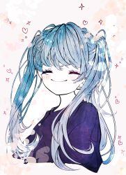 Rule 34 | 1girl, absurdres, blue hair, blush, closed eyes, closed mouth, colored skin, dot nose, hatsune miku, heart, highres, pale skin, purple shirt, shirt, simple background, smile, solo, tanarei, twintails, twintails day, vocaloid, white background, white skin