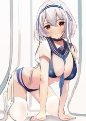 Rule 34 | 1girl, all fours, azur lane, between breasts, bikini, blue bikini, blue choker, breasts, choker, cleavage, hairband, large breasts, looking at viewer, multi-strapped bikini, navel, neckerchief, parted lips, red eyes, ry thae, sailor collar, see-through, short hair, short sleeves, shrug (clothing), sirius (azur lane), solo, stomach, swimsuit, thighhighs, white hair, white thighhighs