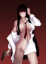 Rule 34 | 1girl, bad id, bad pixiv id, bare shoulders, black background, black hair, breast slip, breasts, covered erect nipples, female focus, fn five-seven, gradient background, gun, hair censor, hair over breasts, handgun, highres, large breasts, long hair, looking at viewer, naked shirt, navel, necktie, nephlite, nipples, one breast out, open clothes, open shirt, original, parted lips, pdw-caliber pistol, pistol, red background, red eyes, shiny skin, shirt, signature, solo, thighs, very long hair, weapon