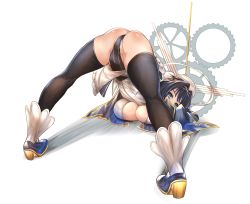 Rule 34 | 1girl, absurdres, ass, blue eyes, blue hair, boots, breasts, chain, cleavage, clock hands, clothing cutout, from behind, gears, hair intakes, high heels, highres, hololive, hololive english, honkivampy, jack-o&#039; challenge, large breasts, leotard, looking back, ouro kronii, short hair, solo, thighhighs, thighs, underboob, virtual youtuber, white background
