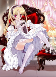 Rule 34 | 1girl, :o, absurdres, blonde hair, blush, breasts, chair, clothes lift, covered erect nipples, detached sleeves, dress, dress lift, headdress, highres, kinmedai pink, long hair, open mouth, panties, panties around leg, red eyes, see-through, shoes, single shoe, sitting, skirt, skirt lift, small breasts, solo, sweat, thighhighs, underwear