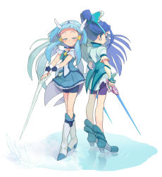 Rule 34 | 00s, 10s, 2girls, :&gt;, aoki reika, bike shorts, blue dress, blue hair, blue shorts, blue skirt, blue theme, blush, boots, closed eyes, color connection, creator connection, crystal sword, cure aqua, cure beauty, cure fleuret, dress, full body, hair tubes, head wings, ice, knee boots, long hair, magical girl, minazuki karen, moudoku (decopon3rd), multiple girls, ponytail, power connection, precure, shoes, shorts, shorts under skirt, sidelocks, skirt, smile, smile precure!, sword, tiara, weapon, wide ponytail, wings, yes! precure 5, yes! precure 5 gogo!